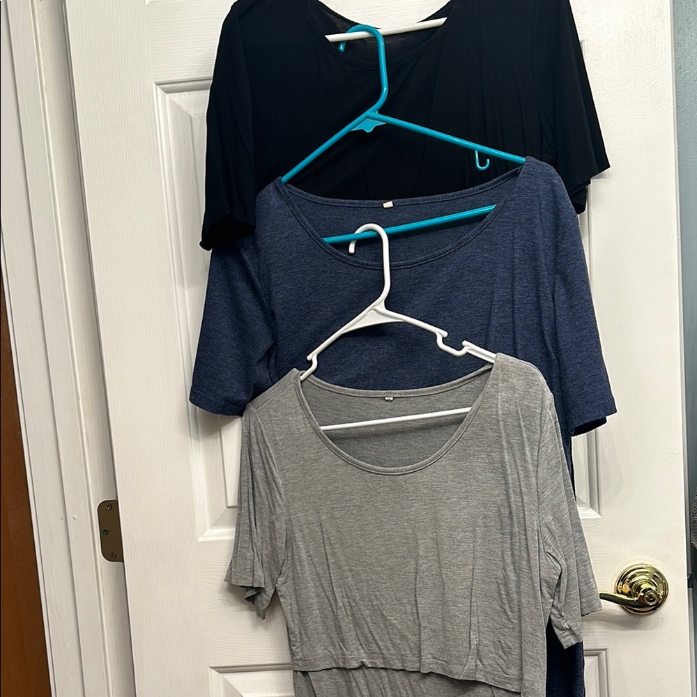 3 pack short sleeve nursing tops.  Grey, blue, black